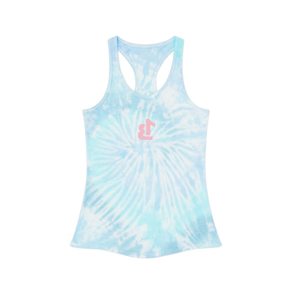 Tie-Dye Racerback Tank Top — Light Blue Swirl with Pink Anchor Logo