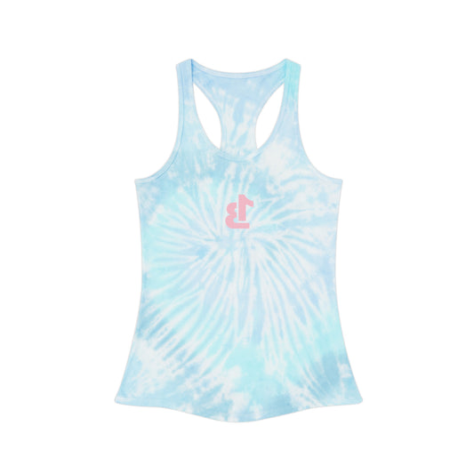 Tie-Dye Racerback Tank Top — Light Blue Swirl with Pink Anchor Logo