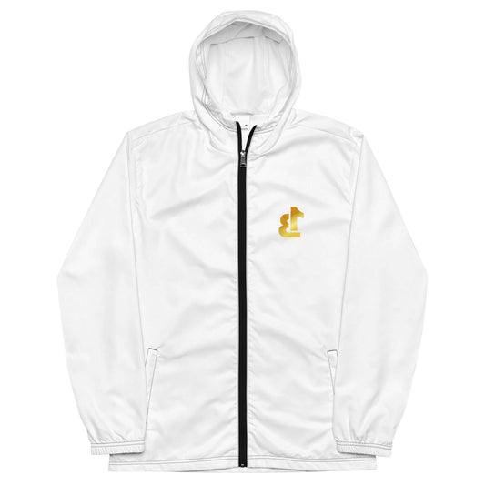 Men's Windbreaker in white with hood and golden logo, stylish and weather-ready outerwear.